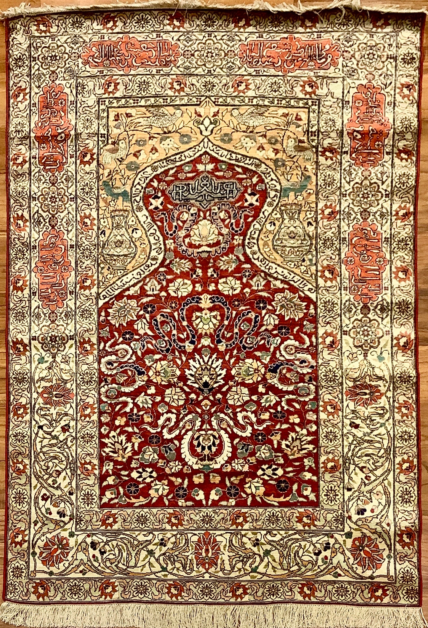 Antique Silk & Gold Thread Hereke Prayer Rug