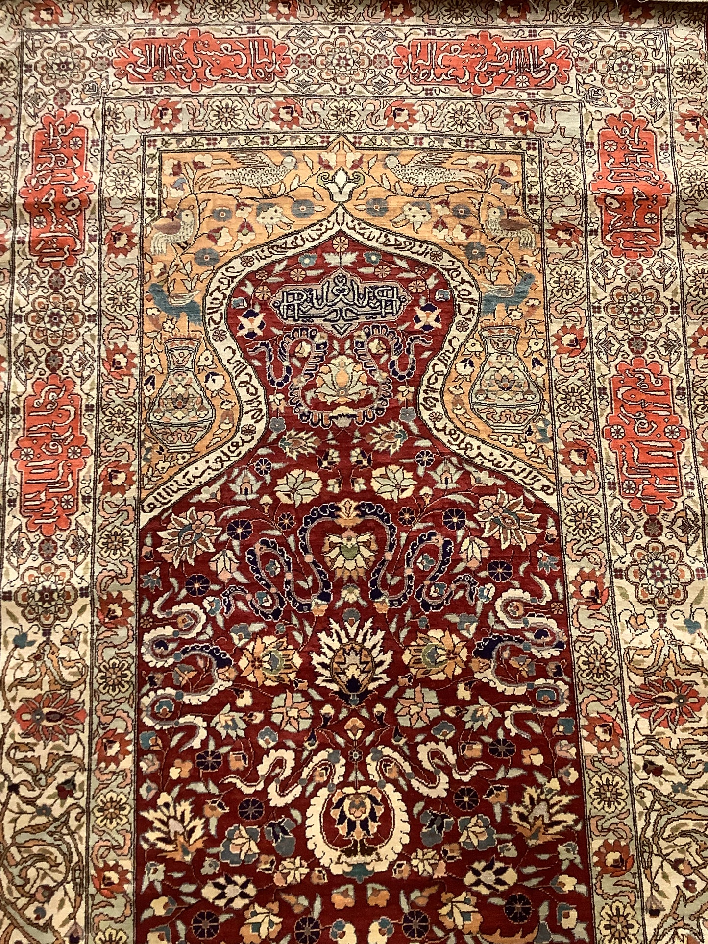 Antique Silk & Gold Thread Hereke Prayer Rug