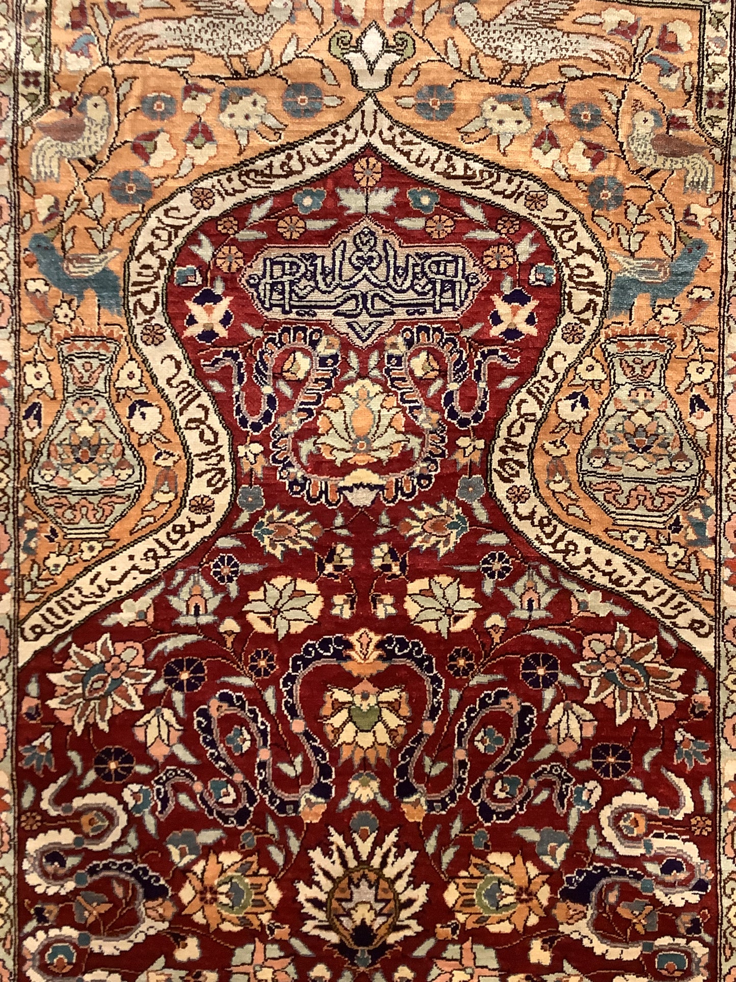 Antique Silk & Gold Thread Hereke Prayer Rug