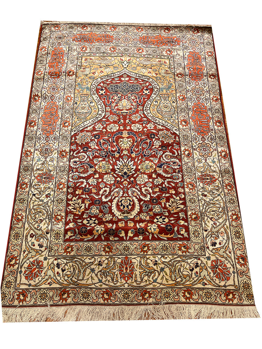 Antique Silk & Gold Thread Hereke Prayer Rug