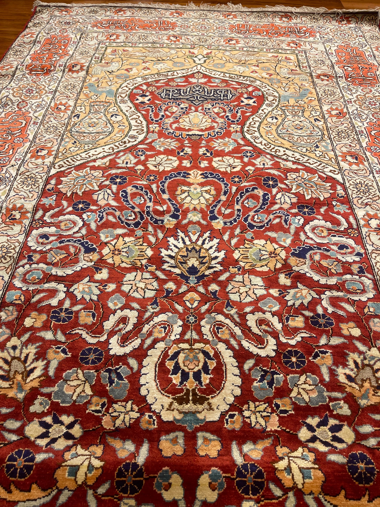 Antique Silk & Gold Thread Hereke Prayer Rug