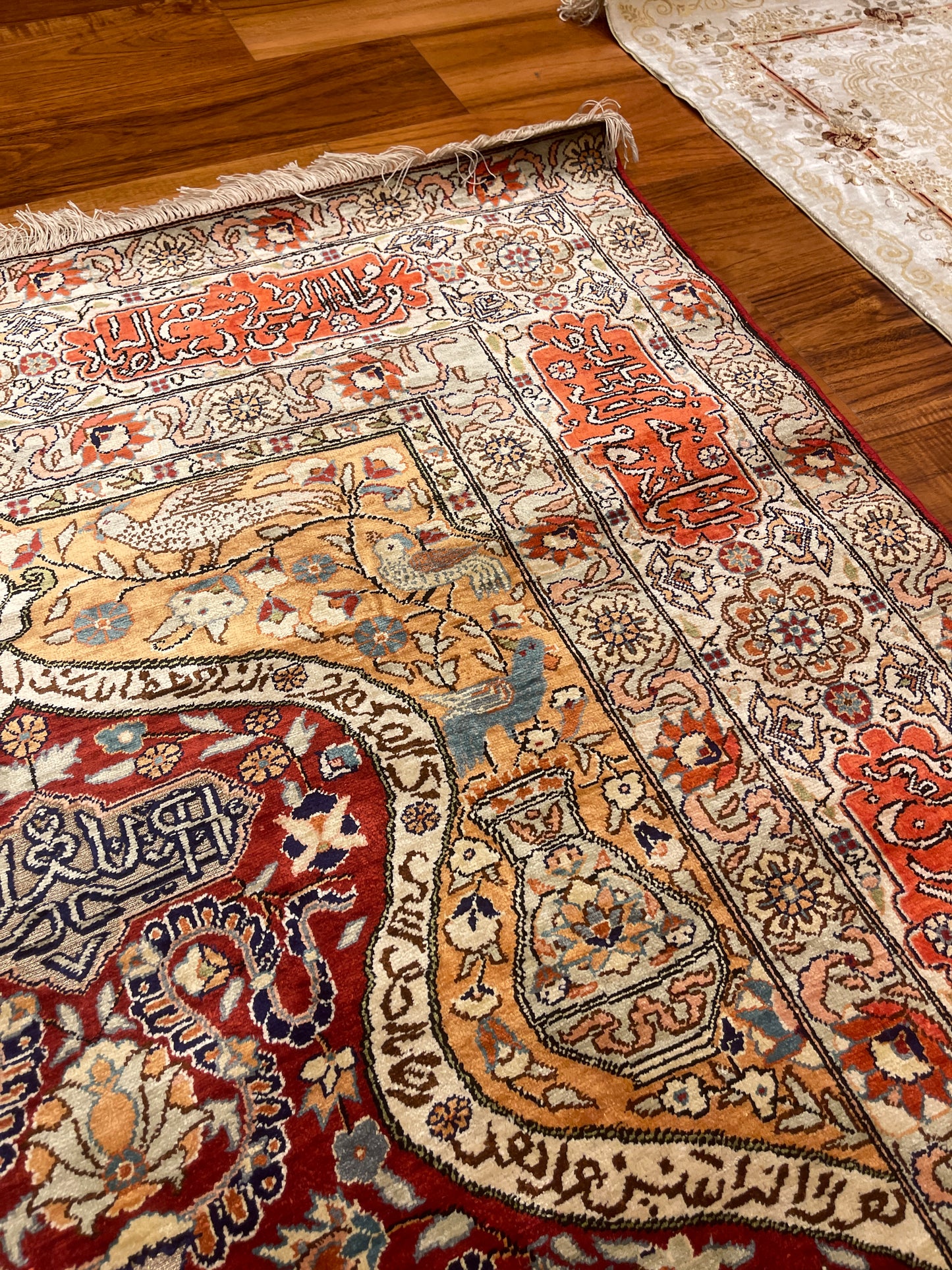 Antique Silk & Gold Thread Hereke Prayer Rug