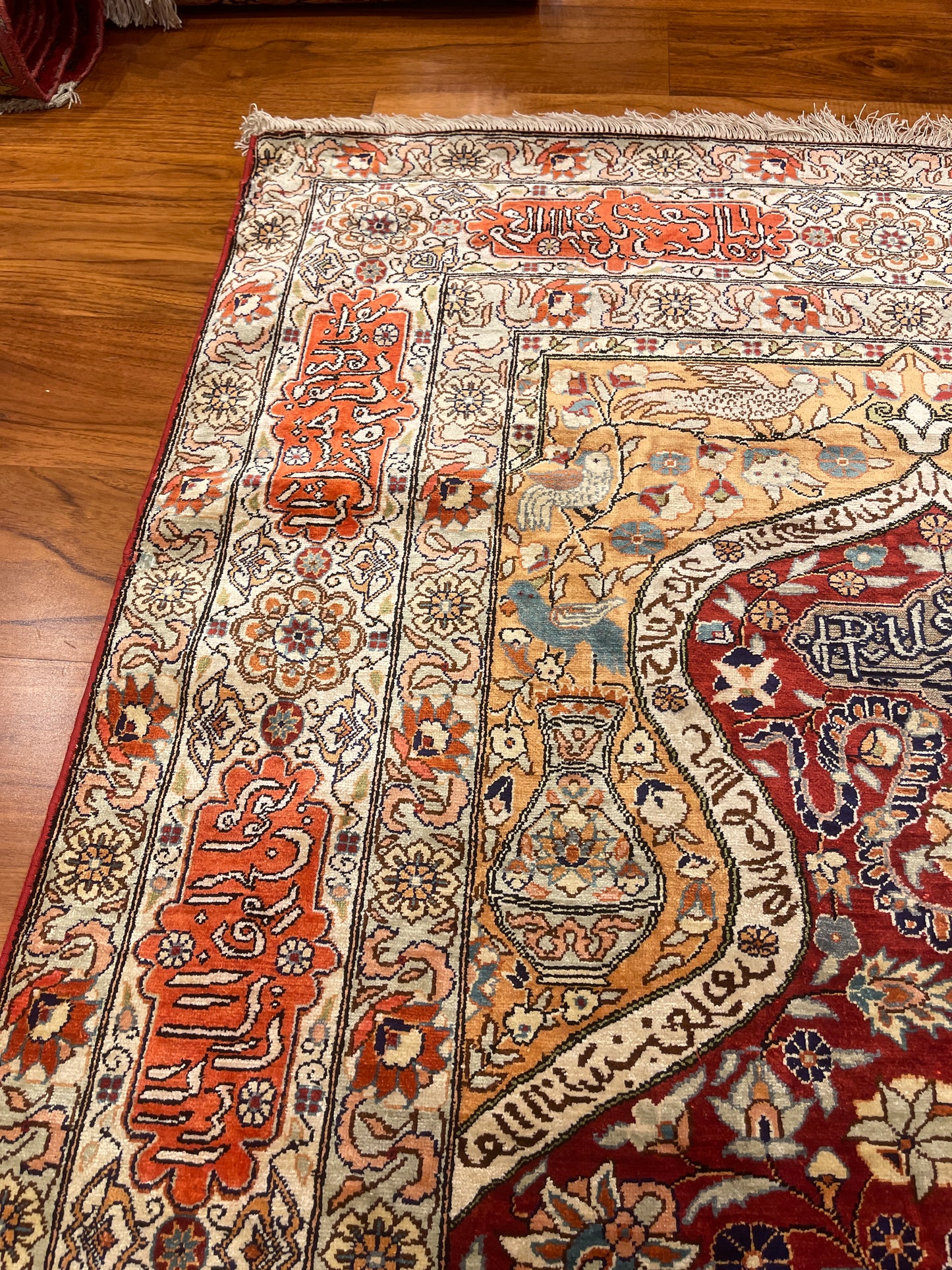 Antique Silk & Gold Thread Hereke Prayer Rug
